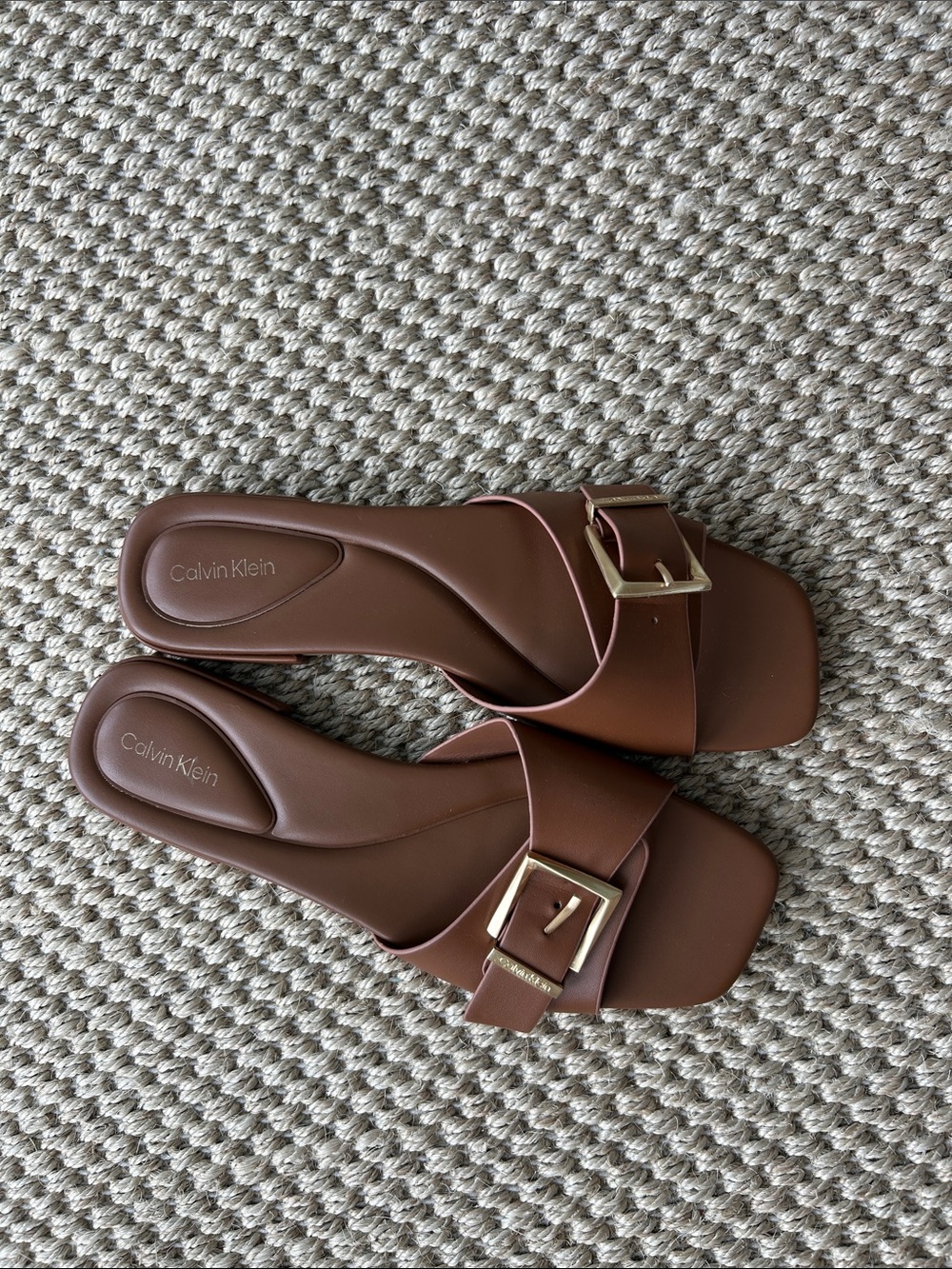 Calvin Klein Brown Slide Sandals with Gold Buckle Accent